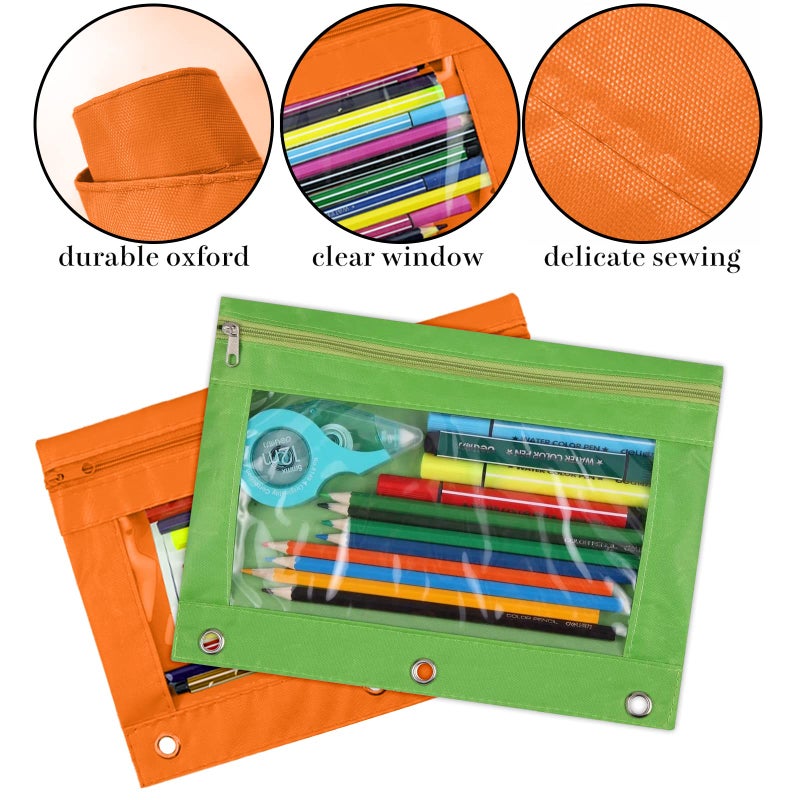 WODISON 3-Ring Pen Pencil Pouch with Clear Window Stationery Bag Binder Case Classroom Organizers Orange - Image 3
